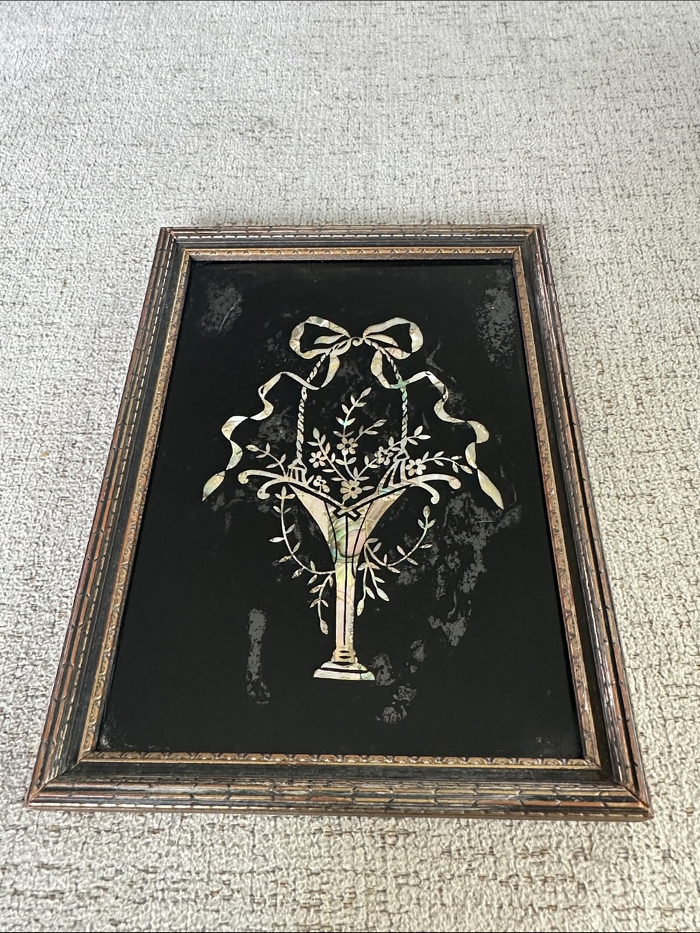 Vintage Mother of Pearl Reverse Glass Painting, Flower Basket Bouquet Wall Art